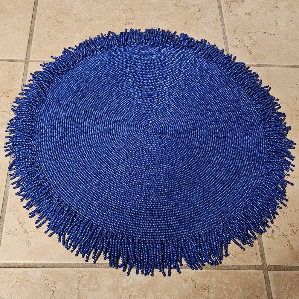 RARE KIM SEYBERT SUMMER BEACH OCEAN NAUTICAL CORAL BLUE FRINGE BEADED PLACEMAT